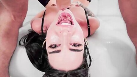 Raven-haired Slut Called Suttin Deepthroats Big Cock Until It Explodes