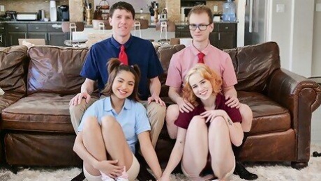 The College Nerd And His Bully Classmate Make A Deal To Trade Their Step Sisters For A Hot Group Sex